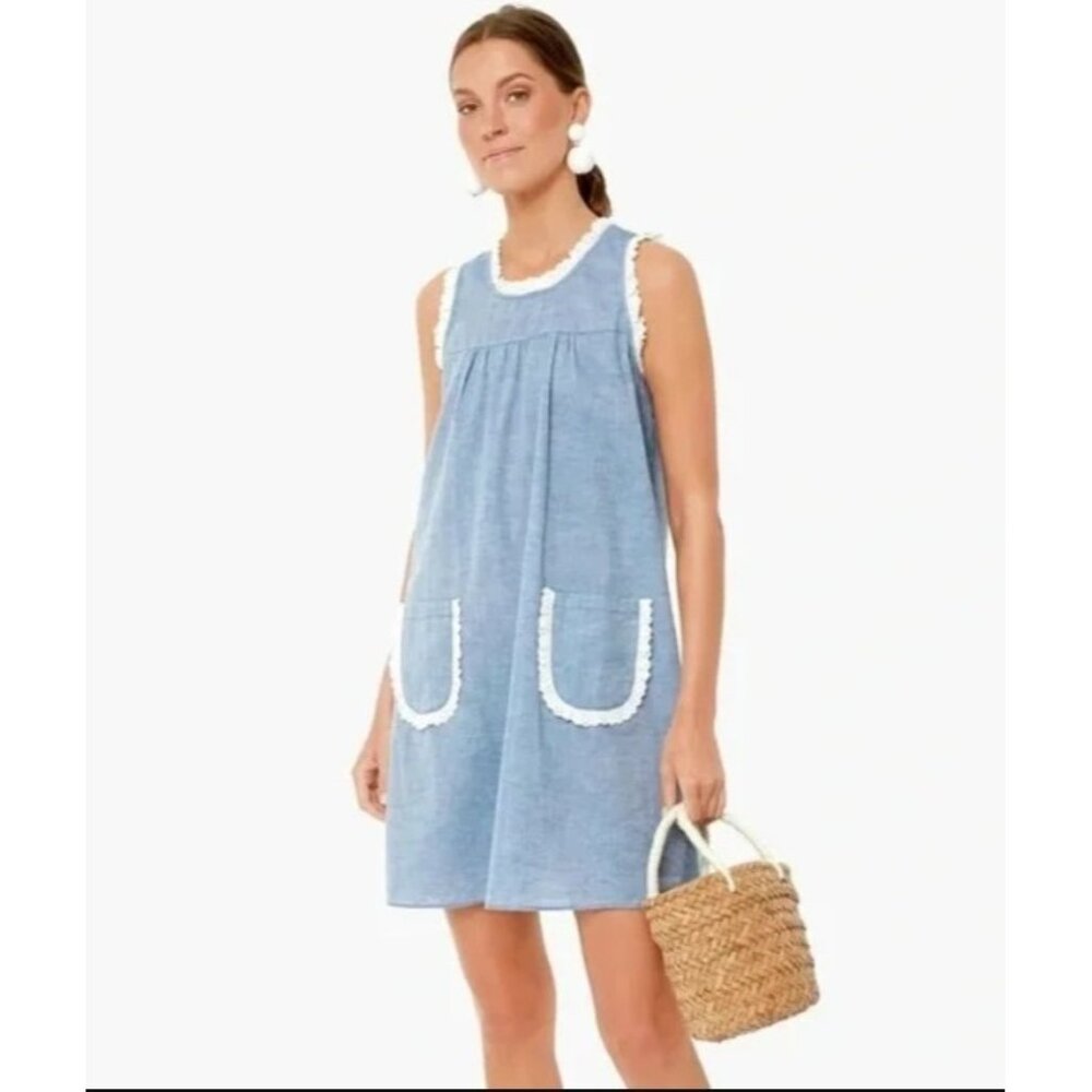 Tuckernuck Lotte Blue Chambray Mini Dress W/ Ruffle Eyelet Trim, Size S